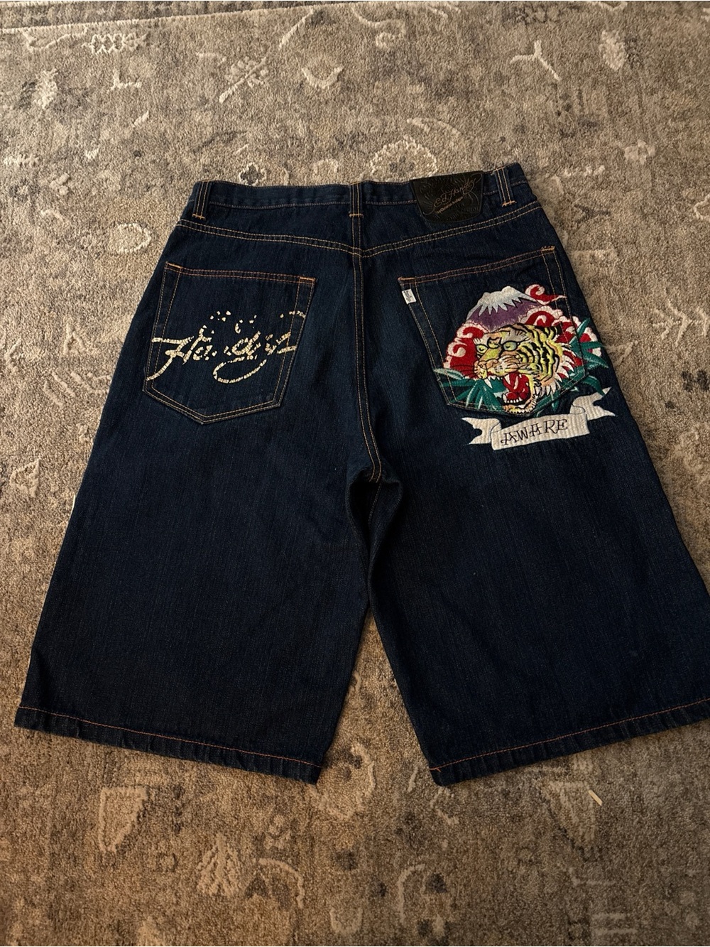 Vintage Ed Hardy Denim Jort Shorts Tiger Mount Fuji Embroidered